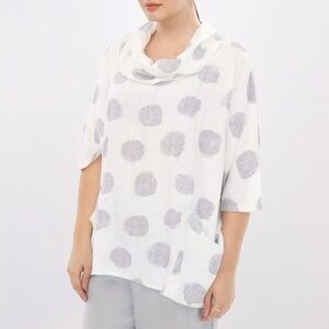 Goa Linen Blend White and Grey Spotch Dot Pullover Lagenlook Blouse Size S